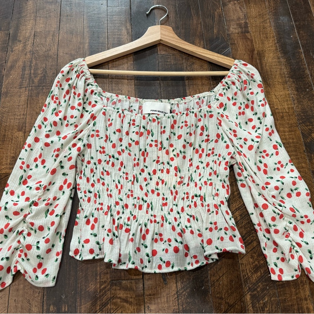 Pink‎ Martini Cream Puff Sleeve Blouse with Smocked Peplum